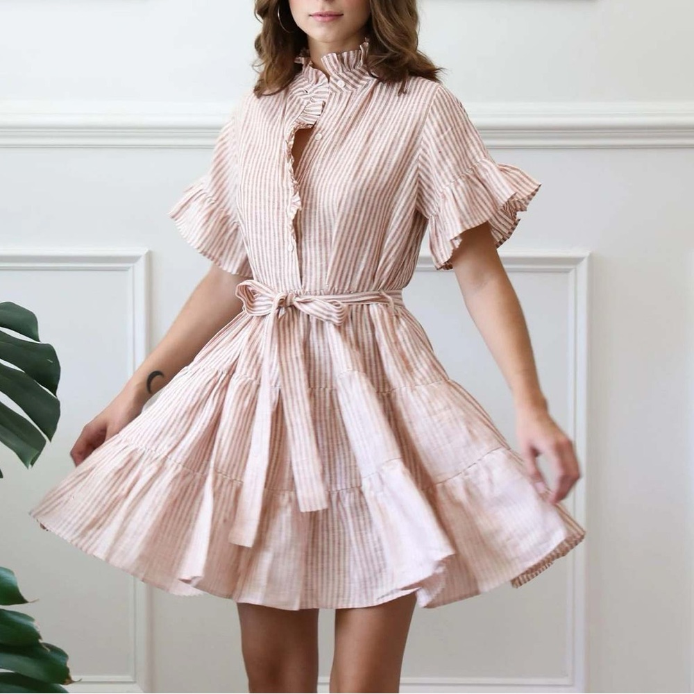 NWT Mille Resort Violetta Stripe Ruffle Short Sleeve Mini Linen Wrap Dress
